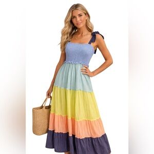 J.NNA Colorful Tiered Maxi Dress Smocked Bodice Size M